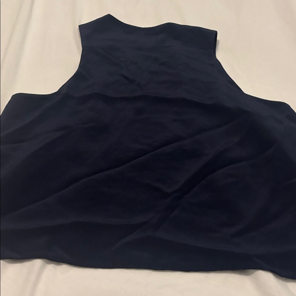 Annie Griffin Navy 100% Silk Open tailored Vest SZ L cropped  work wear casual - Picture 11 of 11